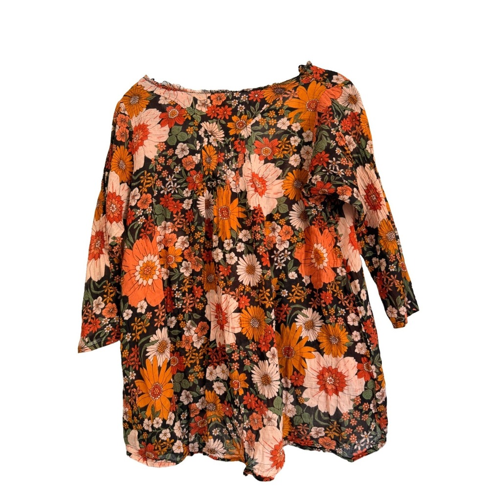 Natural Life Womens S/M Floral Cotton Long Sleeve Scoop Neck Boho Top - Picture 2 of 7